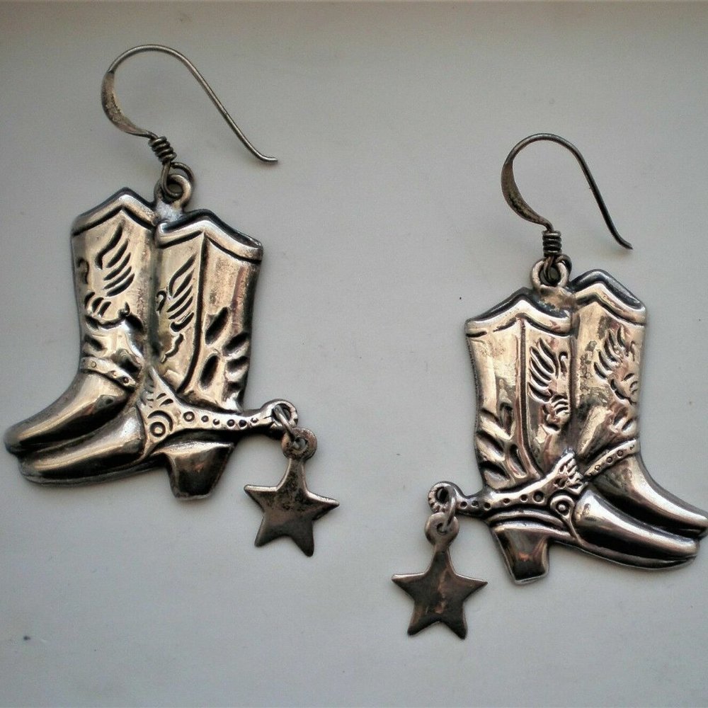 Designer Sterling Silver 925 Western Cowgirl Boot Boots Dangle Drop Earrings